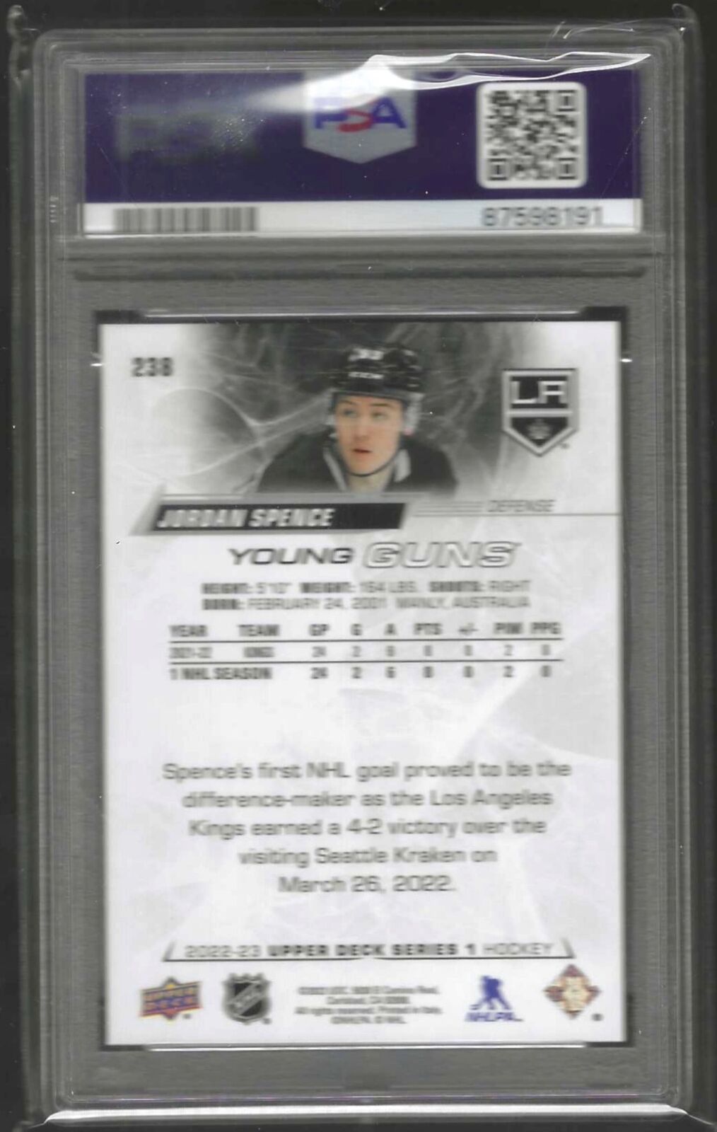 JORDAN SPENCE 2022 UPPER DECK YOUNG GUNS ROOKIE RC #238 PSA 9 MINT