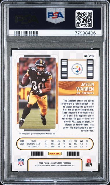 JAYLEN WARREN 2022 PANINI CONTENDERS ROOKIE TICKET AUTO RC #286 PSA 10 GEM MINT