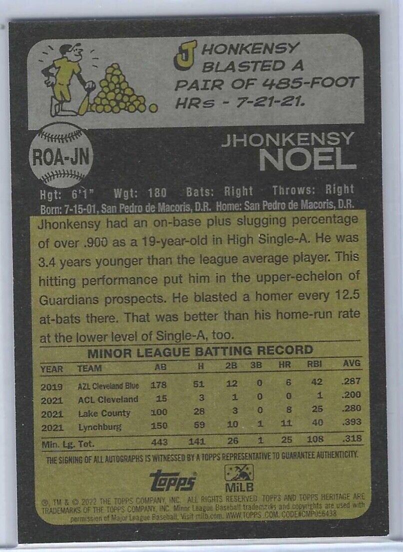 JHONKENSY NOEL 2022 TOPPS HERITAGE MINOR LEAGUE PROSPECT REAL ONE AUTO #ROA-JN