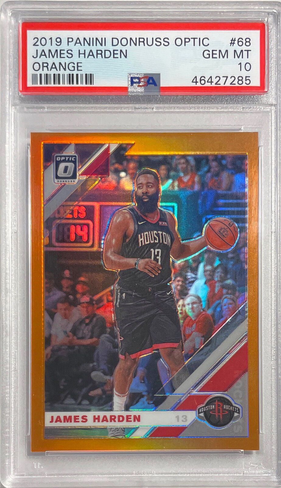 JAMES HARDEN 2019 DONRUSS OPTIC ORANGE HOLO PRIZM #D 082/199 PSA 10 GEM POP 2