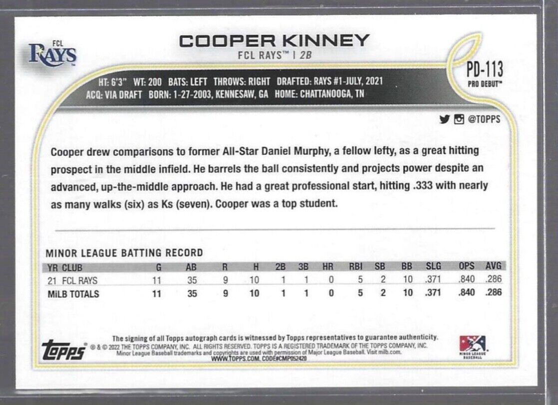 COOPER KINNEY 2022 TOPPS PRO DEBUT PROSPECT AUTO #PD-113
