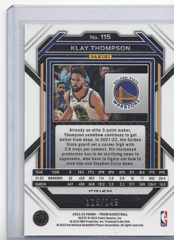 KLAY THOMPSON 2022-23 PANINI PRIZM PURPLE ICE PRIZMS #D 118/149
