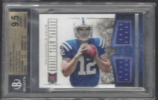 ANDREW LUCK 2012 MOMENTUM ROOKIE TEAM THREADS DUAL JERSEY RC /199 BGS 9.5 POP 2