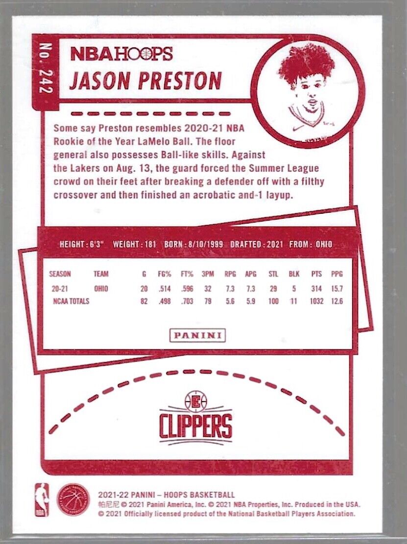 JASON PRESTON 2021-22 NBA HOOPS RED BACK SP ROOKIE RC #242