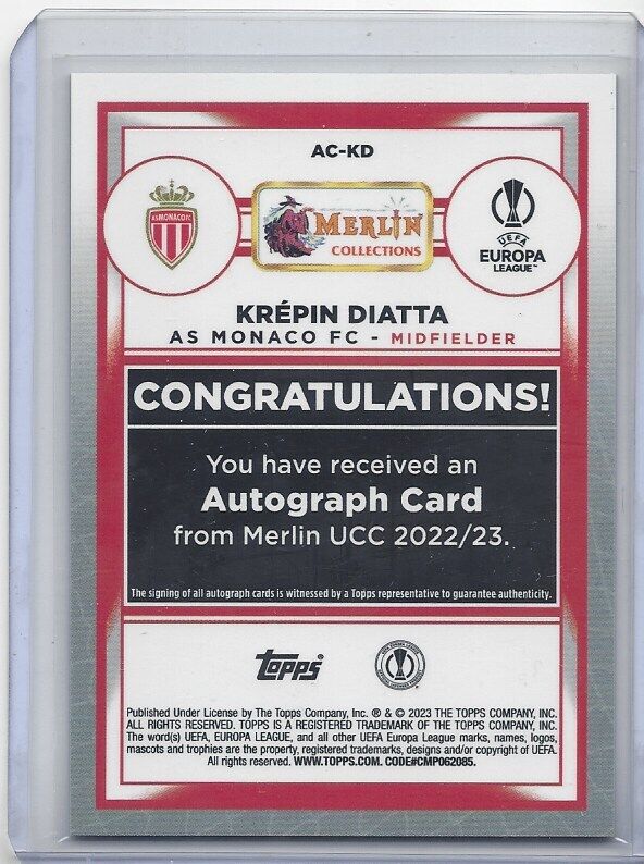 KREPIN DIATTA 2022-23 TOPPS MERLIN CHROME MONACO REFRACTOR AUTO