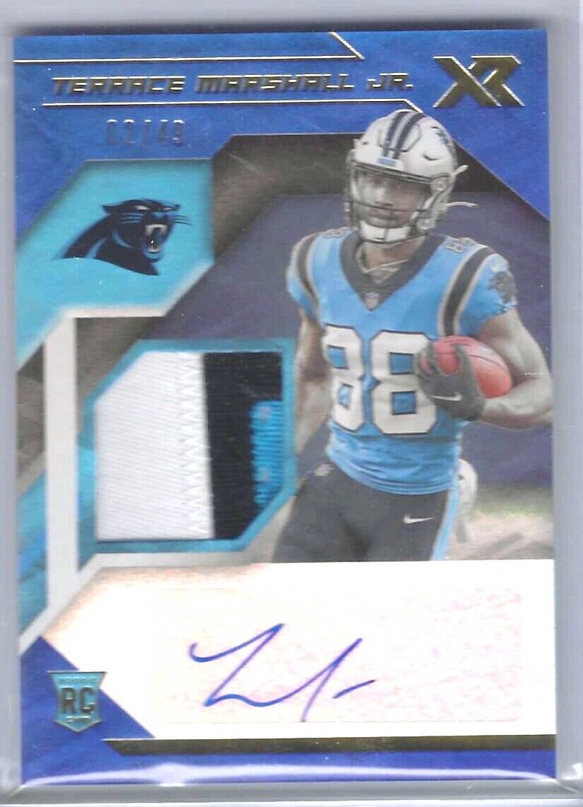 TERRACE MARSHALL JR 2021 PANINI XR BLUE PRIZM ROOKIE PATCH AUTO RC #D 02/49
