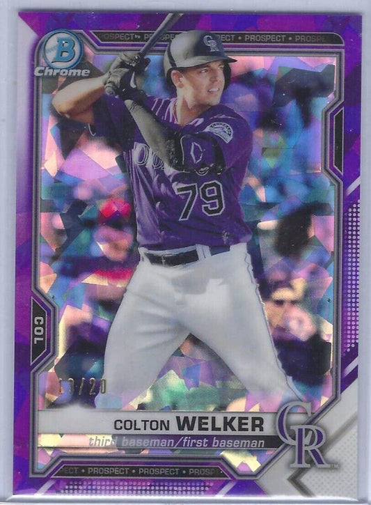 COLTON WELKER 2021 BOWMAN CHROME PURPLE ATOMIC REFRACTOR PROSPECT #D 13/20