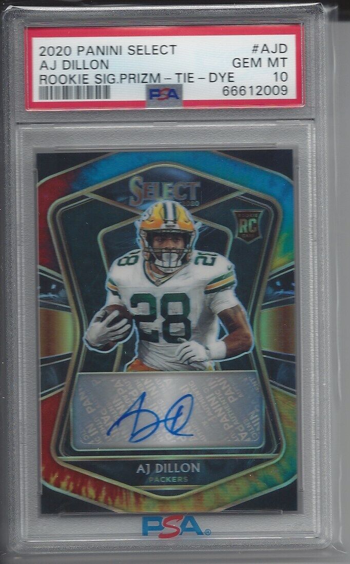 AJ DILLON 2020 PANINI SELECT TIE DYE PRIZM SIGNATURES AUTO RC /25 PSA 10 POP 3
