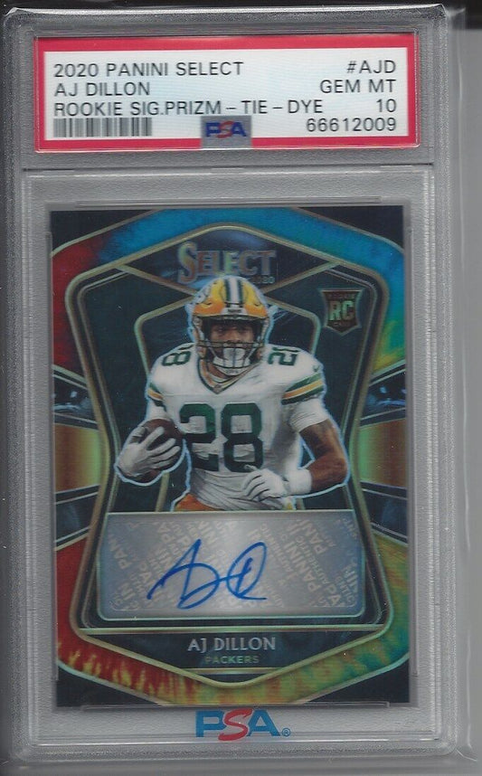 AJ DILLON 2020 PANINI SELECT TIE DYE PRIZM SIGNATURES AUTO RC /25 PSA 10 POP 3