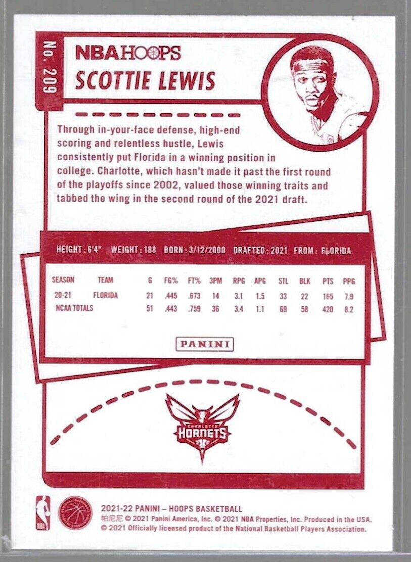 SCOTTIE LEWIS 2021-22 NBA HOOPS RED BACK SP ROOKIE RC #209
