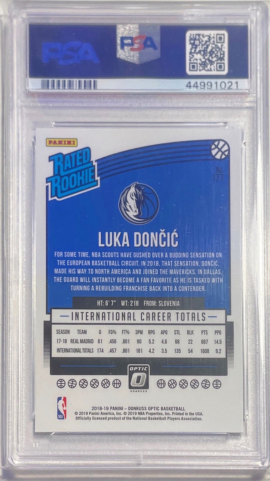 LUKA DONCIC 2018-19 PANINI DONRUSS RATED ROOKIE ROOKIE RC #177 PSA 9 MINT