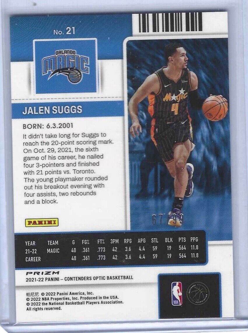 JALEN SUGGS 2021-22 PANINI OPTIC CONTENDERS BLUE PRIZM ROOKIE RC #D 67/99