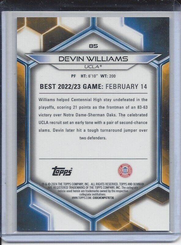 DEVIN WILLIAMS 2023 BOWMANS BEST GOLD UCLA REFRACTOR #D /50
