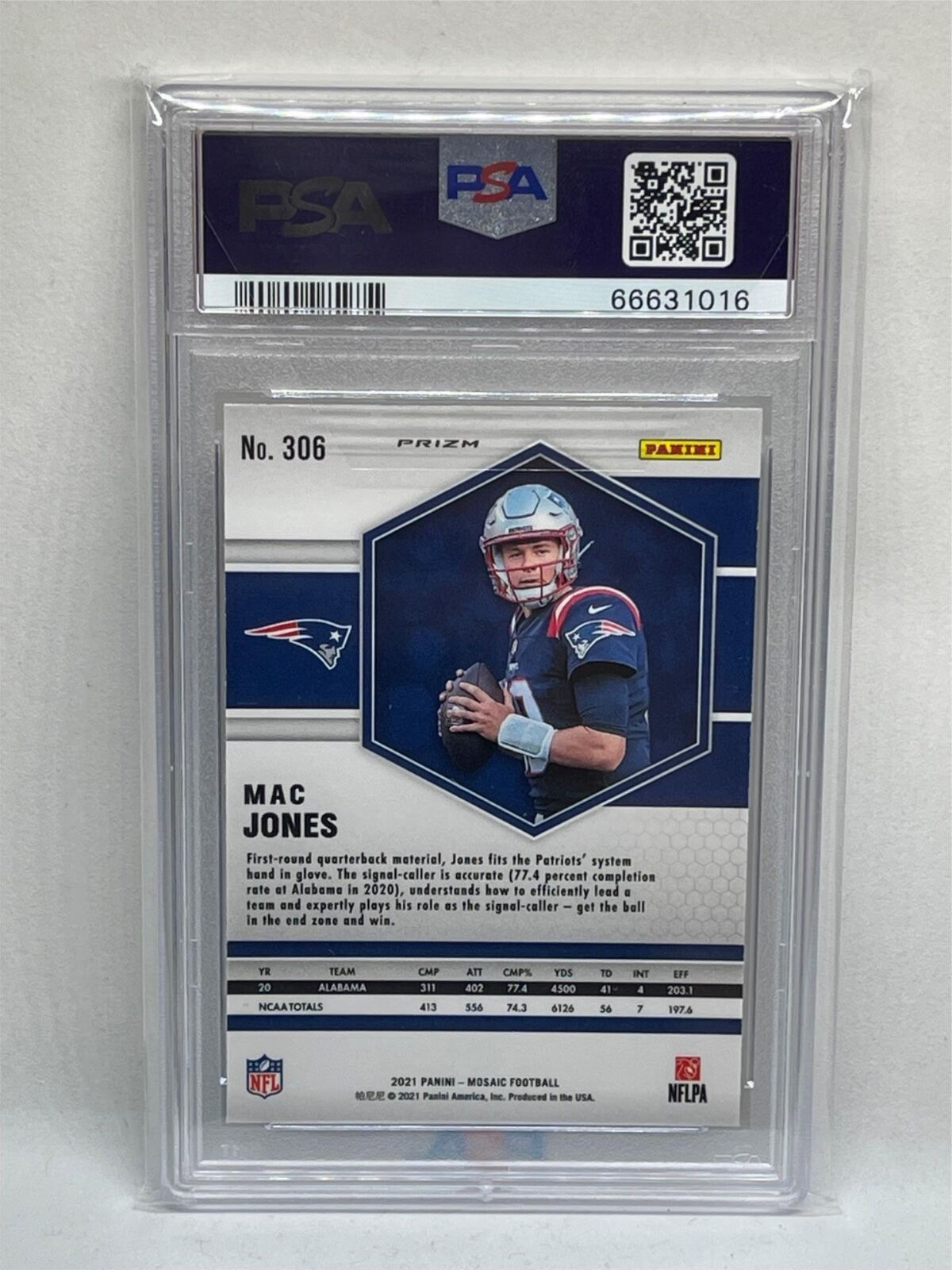 MAC JONES 2021 PANINI MOSAIC REACTIVE BLUE PRIZM ROOKIE RC # 306 PSA 10 GEM MINT