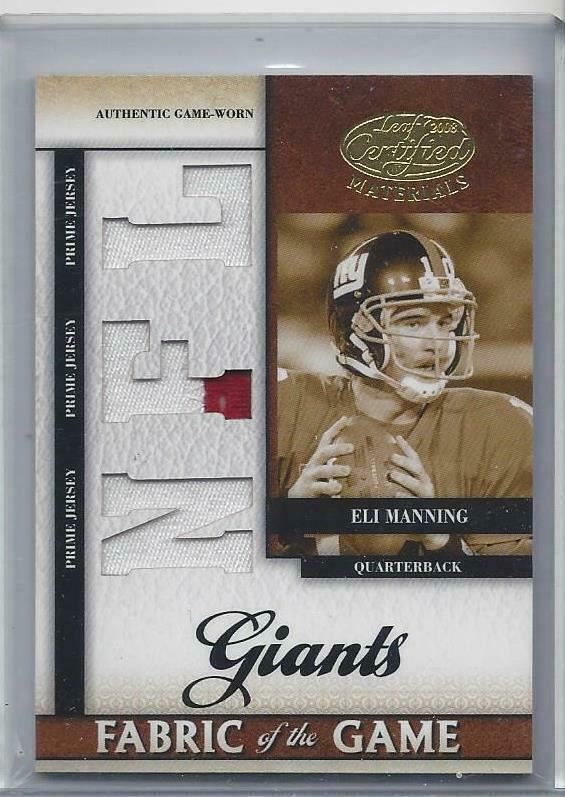 1/1 ELI MANNING 2008 LEAF CERTIFIED FABRIC OFTHE GAME TRIPLE PATCH #D 10/25 JSY#