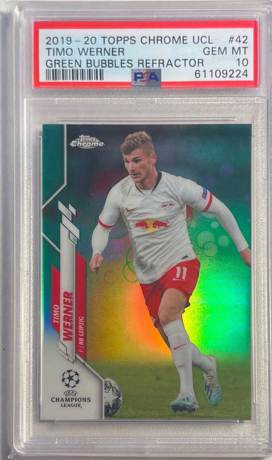 TIMO WERNER 2019-20 TOPPS CHROME UCL GREEN BUBBLES REFRACTOR #42 PSA 10 POP 4