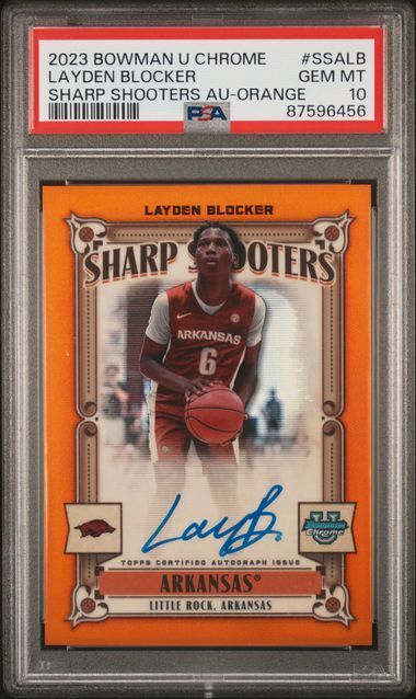 LAYDEN BLOCKER 2023 BOWMAN CHROME SHARP SHOOTERS ORANGE REFRACTR AUTO /25 PSA 10