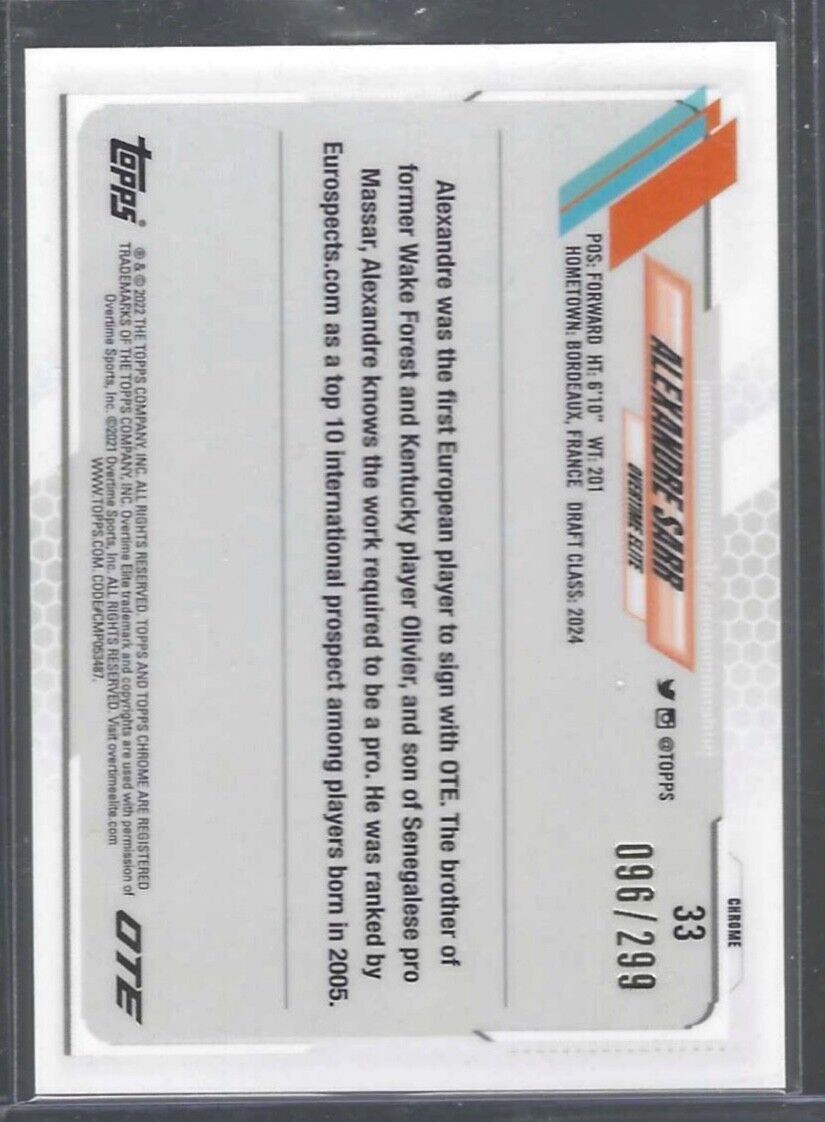 ALEXANDRE SARR 2021-22 TOPPS CHROME OTE PURPLE REFRACTOR RC #D 096/299