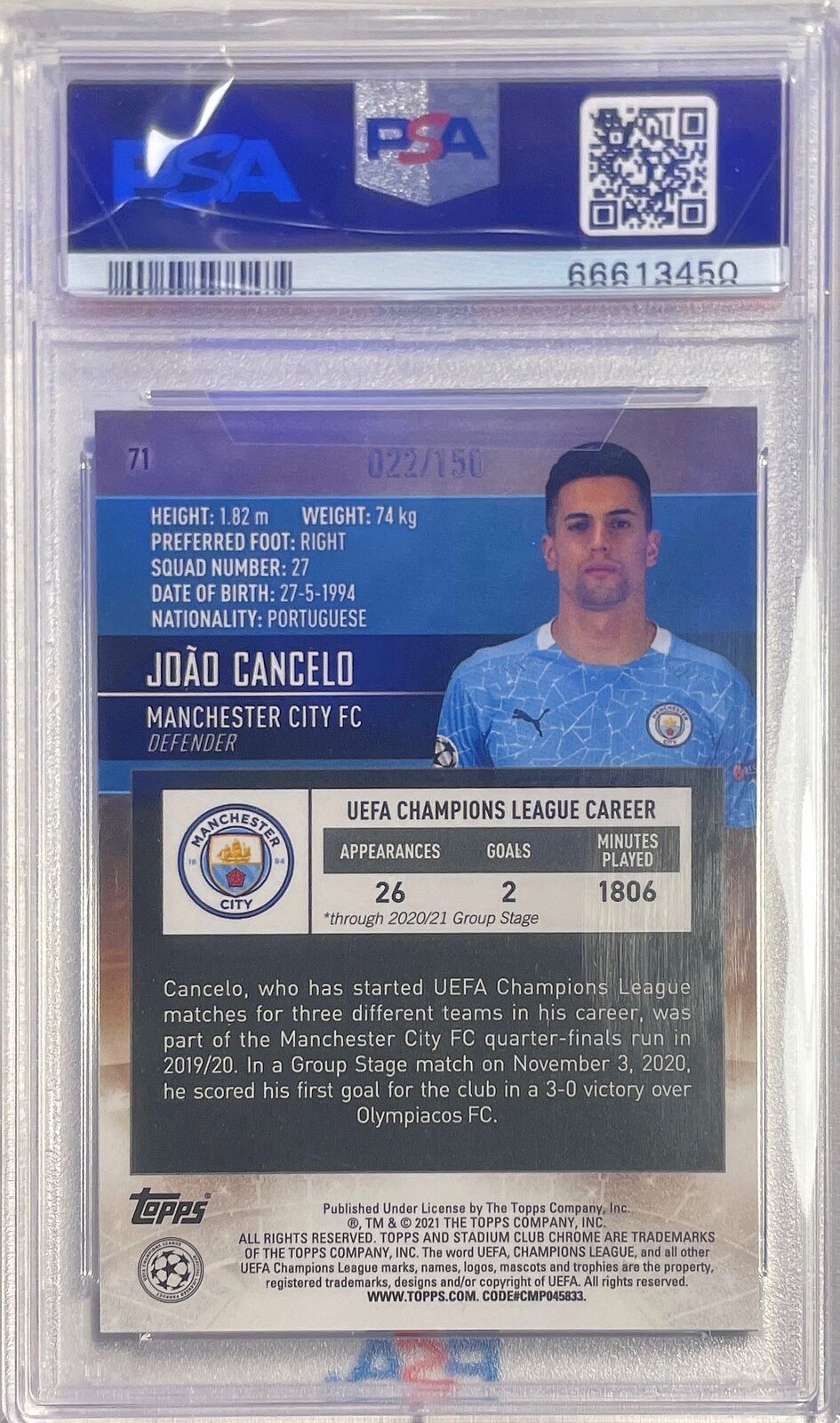 JOAO CANCELO 2020-21 STADIUM CLUB CHROME UCL AQUA REFRACTOR /150 PSA 10 POP 1/1