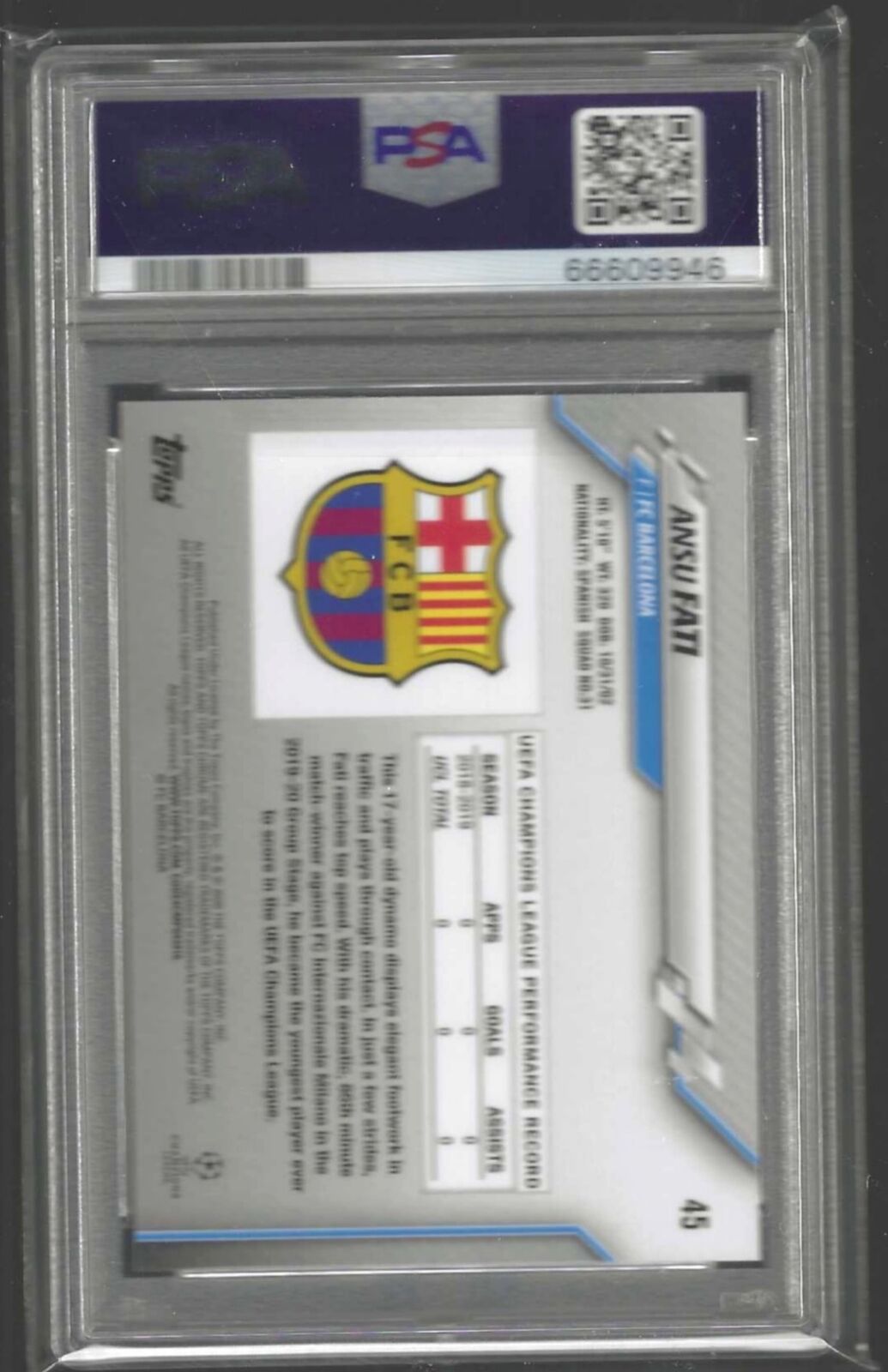 ANSU FATI 2019-20 TOPPS CHROME UCL SAPPHIRE EDITION REFRACTOR RC #45 PSA 10 GEM