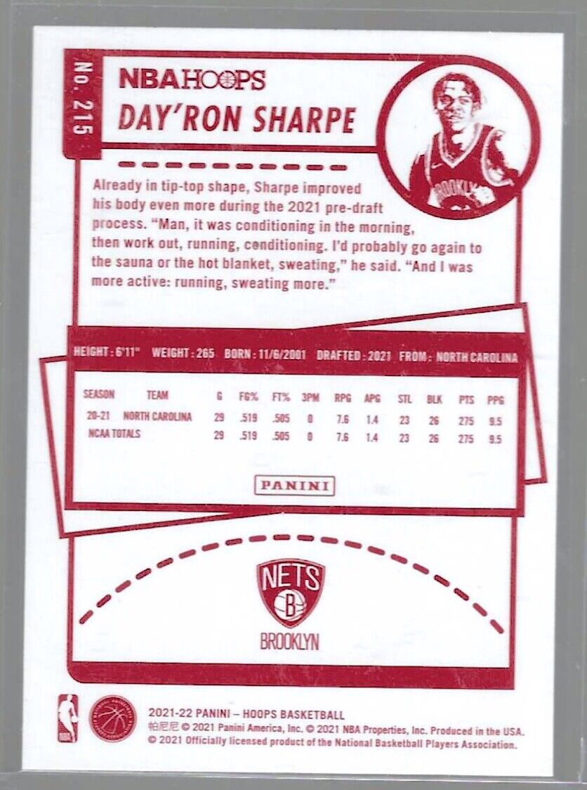 DAY'RON SHARPE 2021-22 NBA HOOPS RED BACK SP ROOKIE RC #215