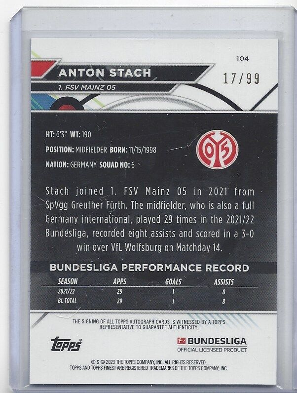 ANTON STACH 2022-23 TOPPS FINEST BUNDESLIGA PURPLE REFRACTOR AUTO #D 17/99