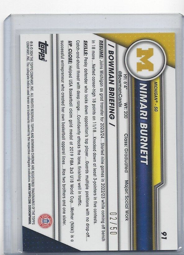 NIMARI BURNETT 2023-24 BOWMAN CHROME UNIVERSITY 1ST GOLD REFRACTOR #D 2/50