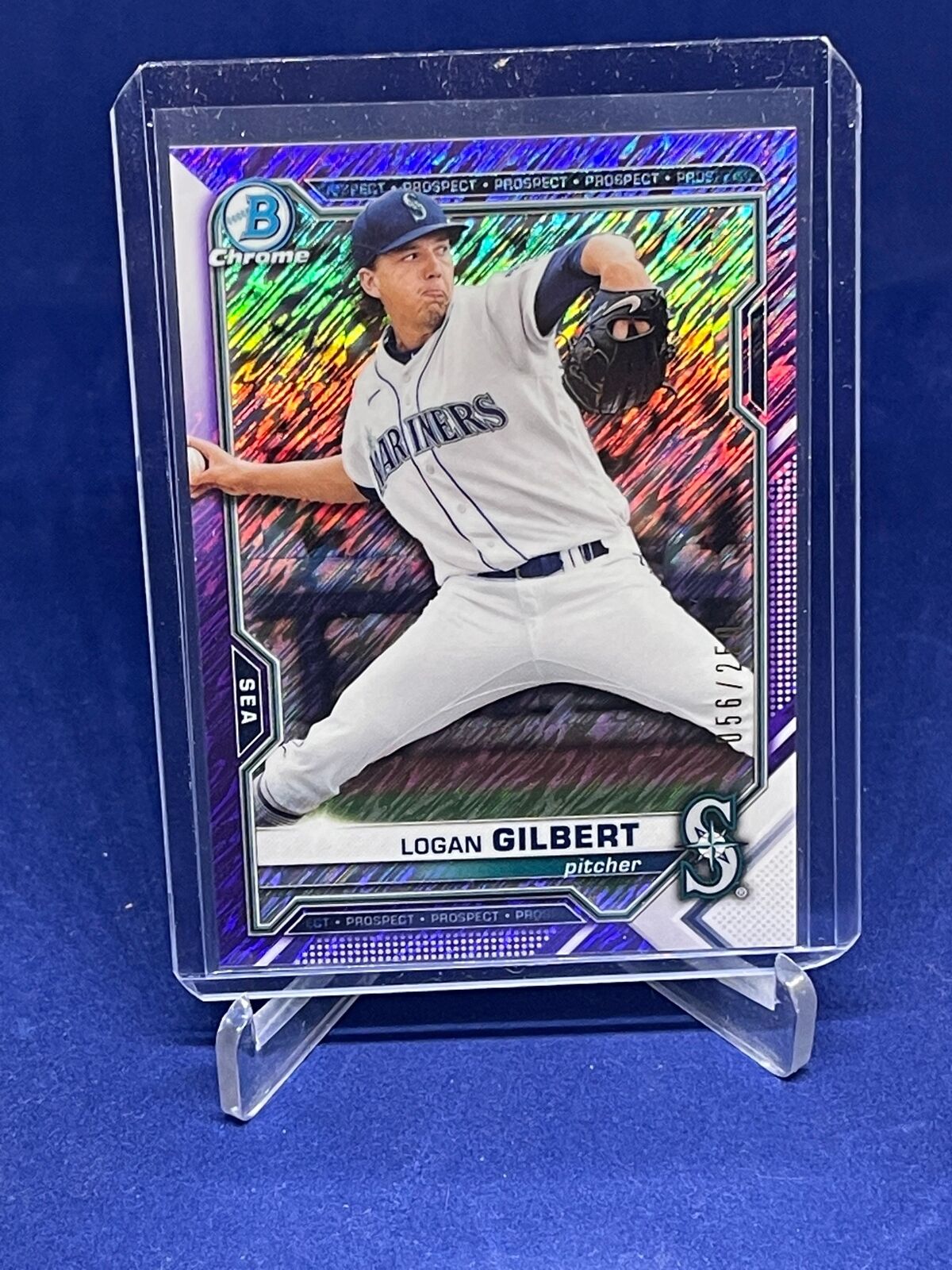 LOGAN GILBERT 2021 BOWMAN CHROME PURPLE SHIMMER REFRACTOR PROSPECT #D 56/250