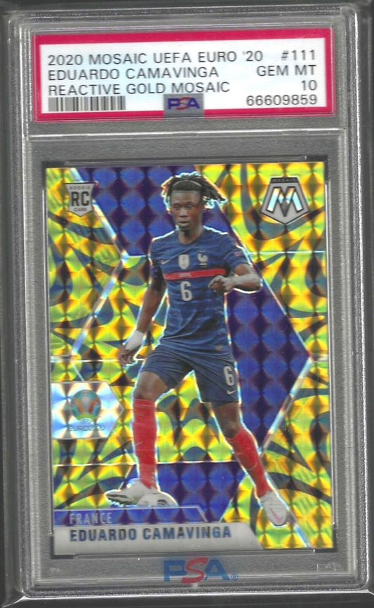 EDUARDO CAMAVINGA 2020-21 PANINI MOSAIC GOLD REACTIVE RC #111 PSA 10 GEM POP 11