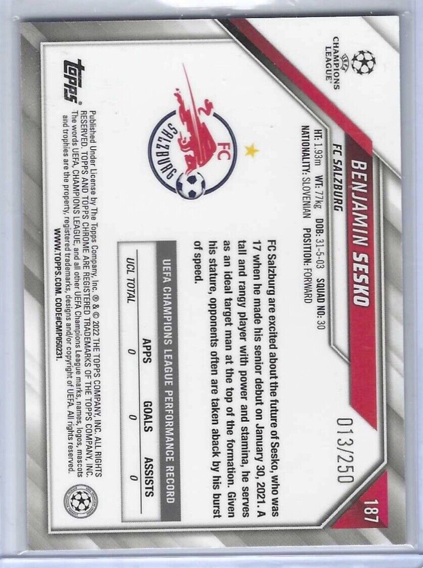 BENJAMIN SESKO 2021-22 TOPPS CHROME UCL PURPLE REFRACTOR ROOKIE RC #D 013/250