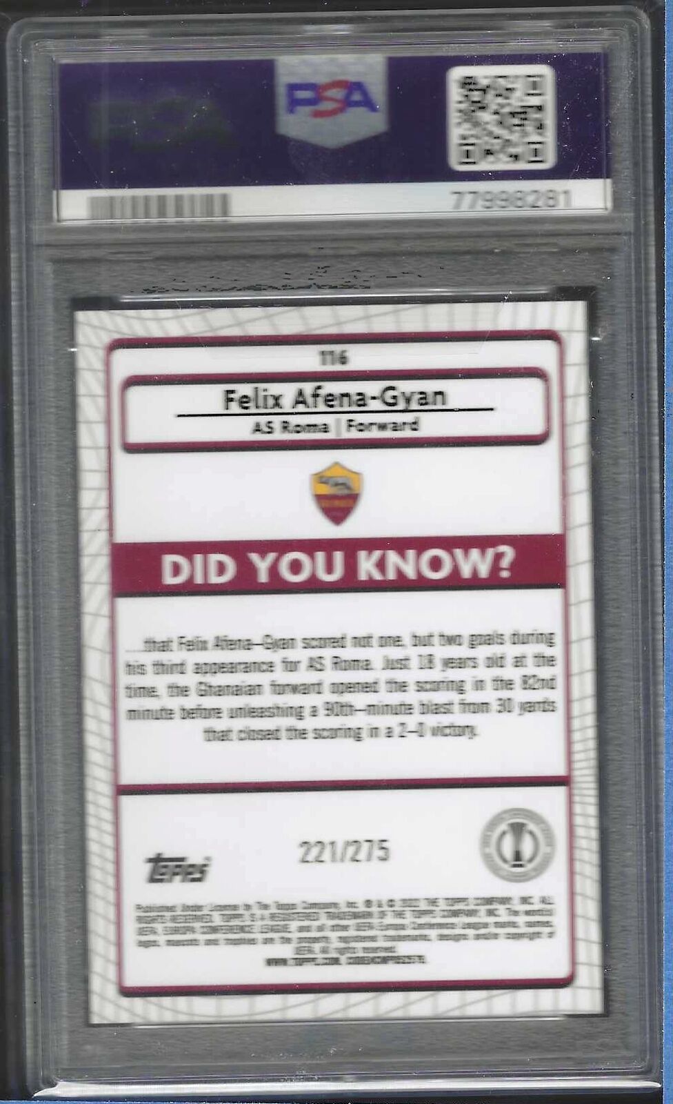 FELIX AFENA-GYAN 2021-22 TOPPS MERLIN PINK MOJO REFRACTOR RC /275 PSA 10 POP 2