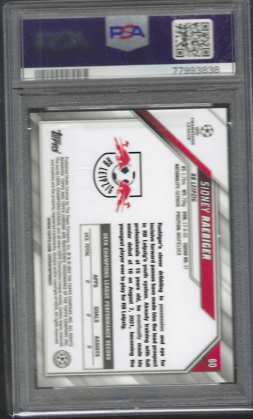 SIDNEY RAEBIGER 2021-22 TOPPS CHROME BLACK WHITE RAYWAVE RC #60 PSA 10 GEM MINT
