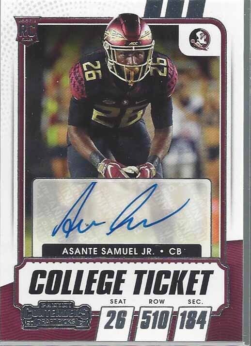 ASANTE SAMUEL JR 2021 PANINI CONTENDERS COLLEGE TICKET CHARGERS FSU AUTO RC #282