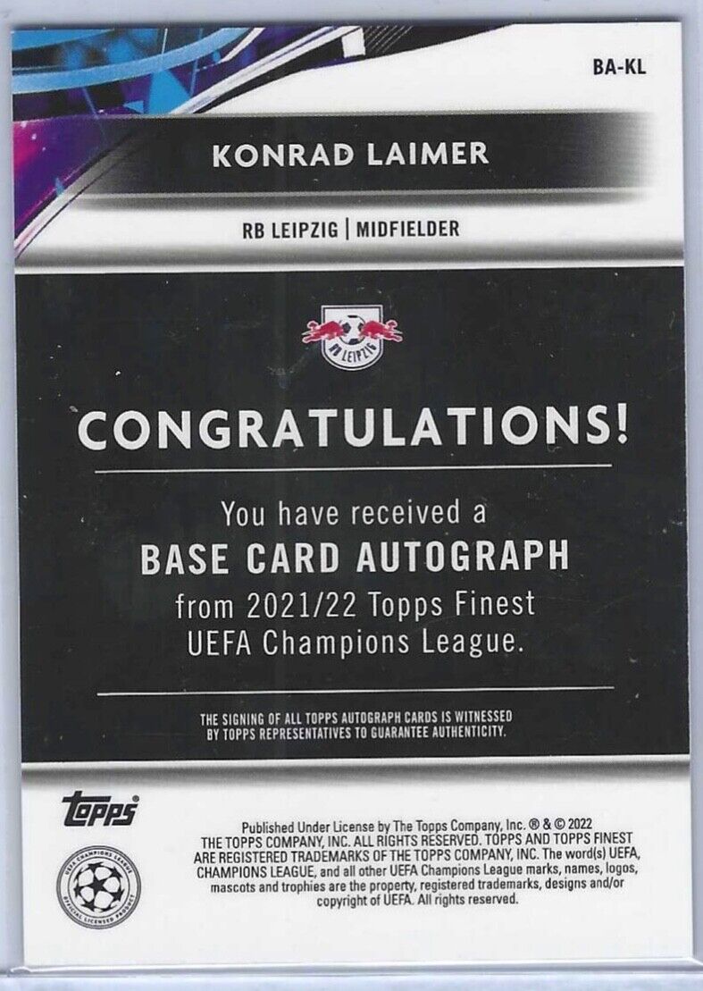 KONRAD LAIMER 2021-22 TOPPS FINEST UCL SILVER REFRACTOR AUTO #BA-KL