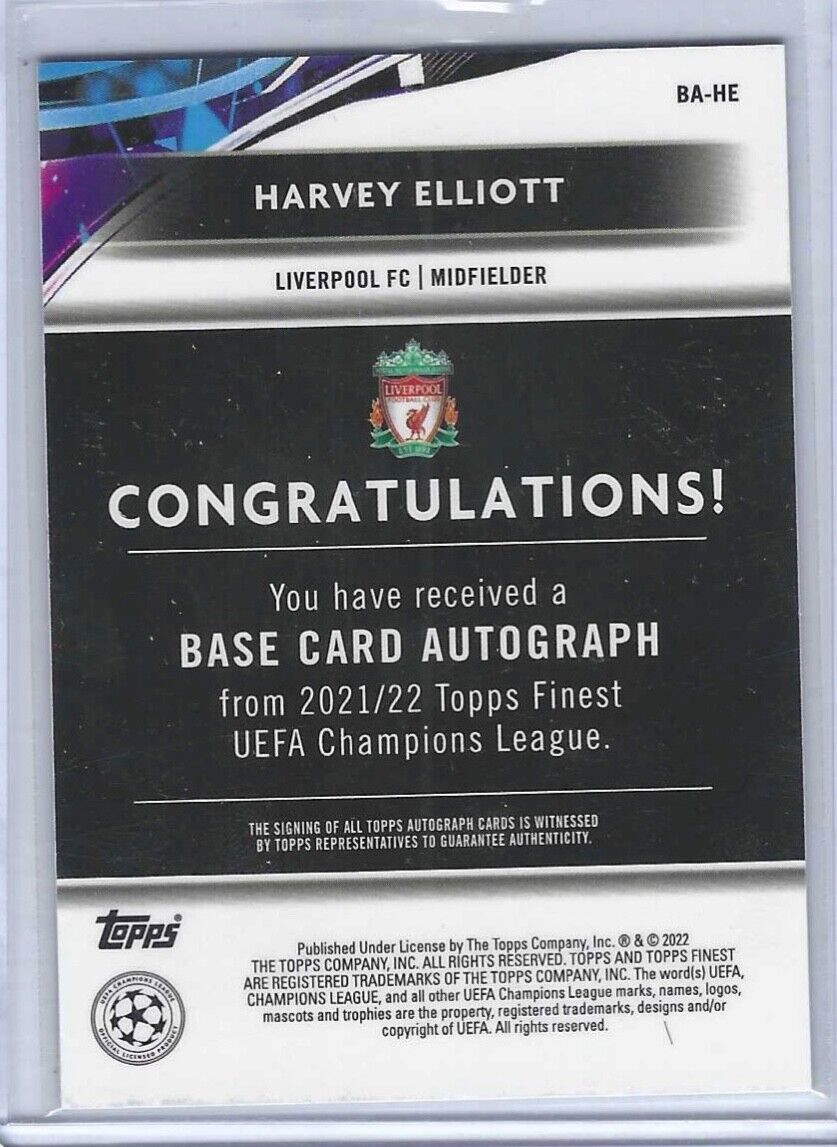HARVEY ELLIOTT 2021-22 TOPPS FINEST UCL SILVER REFRACTOR ROOKIE AUTO RC #BA-HE