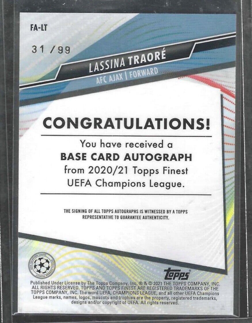 LASSINA TRAORE 2020-21 TOPPS FINEST GREEN WAVE REFRACTOR ROOKIE AUTO RC #D 31/99