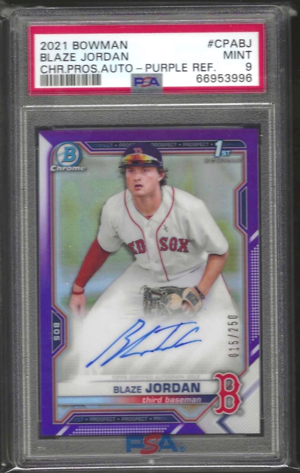 BLAZE JORDAN 2021 BOWMAN CHROME 1ST PURPLE REFRACTOR PROSPECT AUTO /250 PSA 9