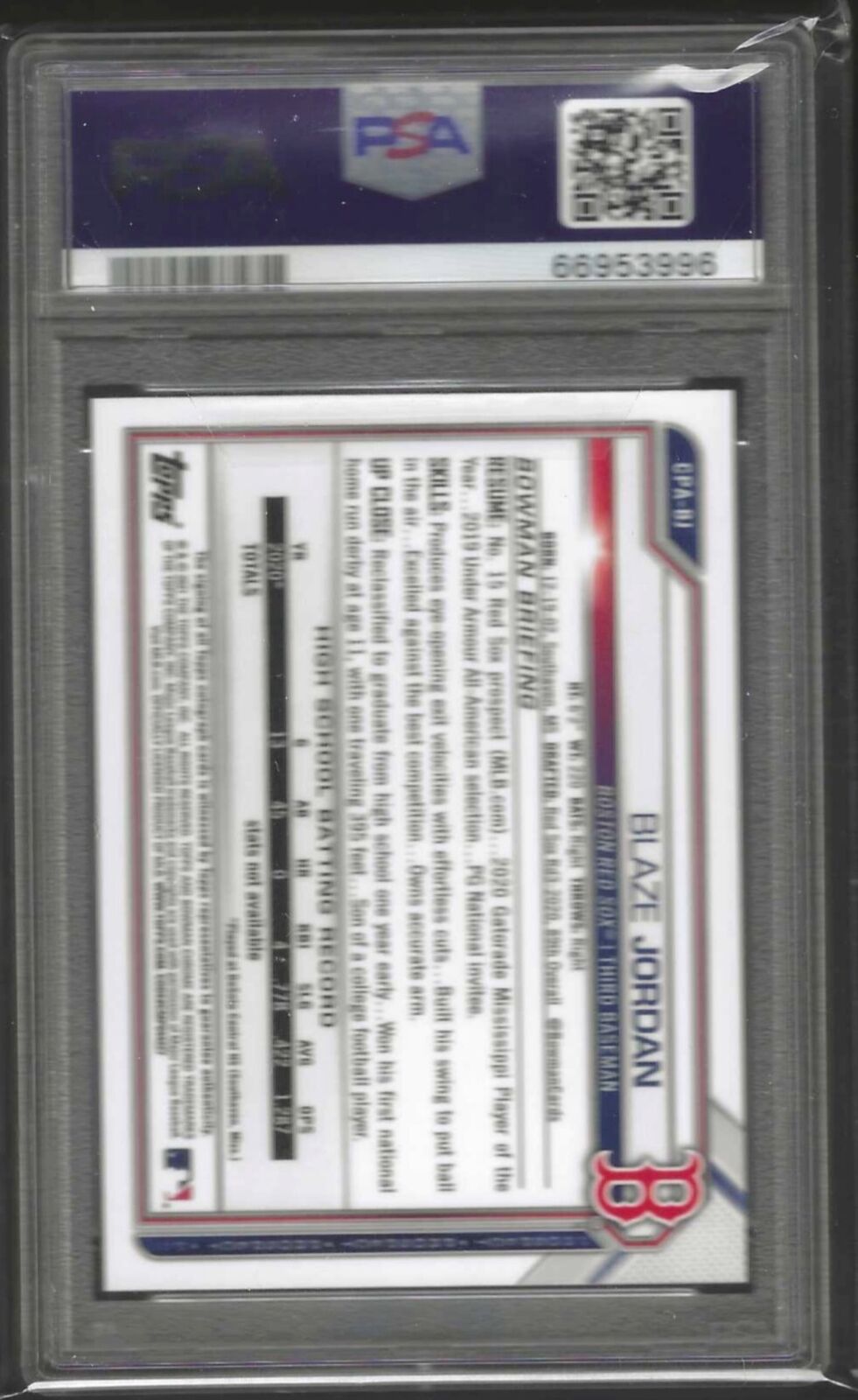 BLAZE JORDAN 2021 BOWMAN CHROME 1ST PURPLE REFRACTOR PROSPECT AUTO /250 PSA 9