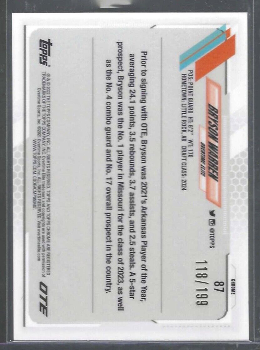 BRYSON WARREN 2021-22 TOPPS CHROME OTE AQUA REFRACTOR RC #D 118/199
