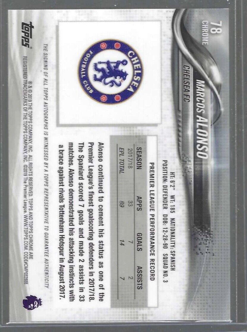 MARCOS ALONSO 2018-19 TOPPS CHROME EPL SILVER REFRACTOR AUTO #78