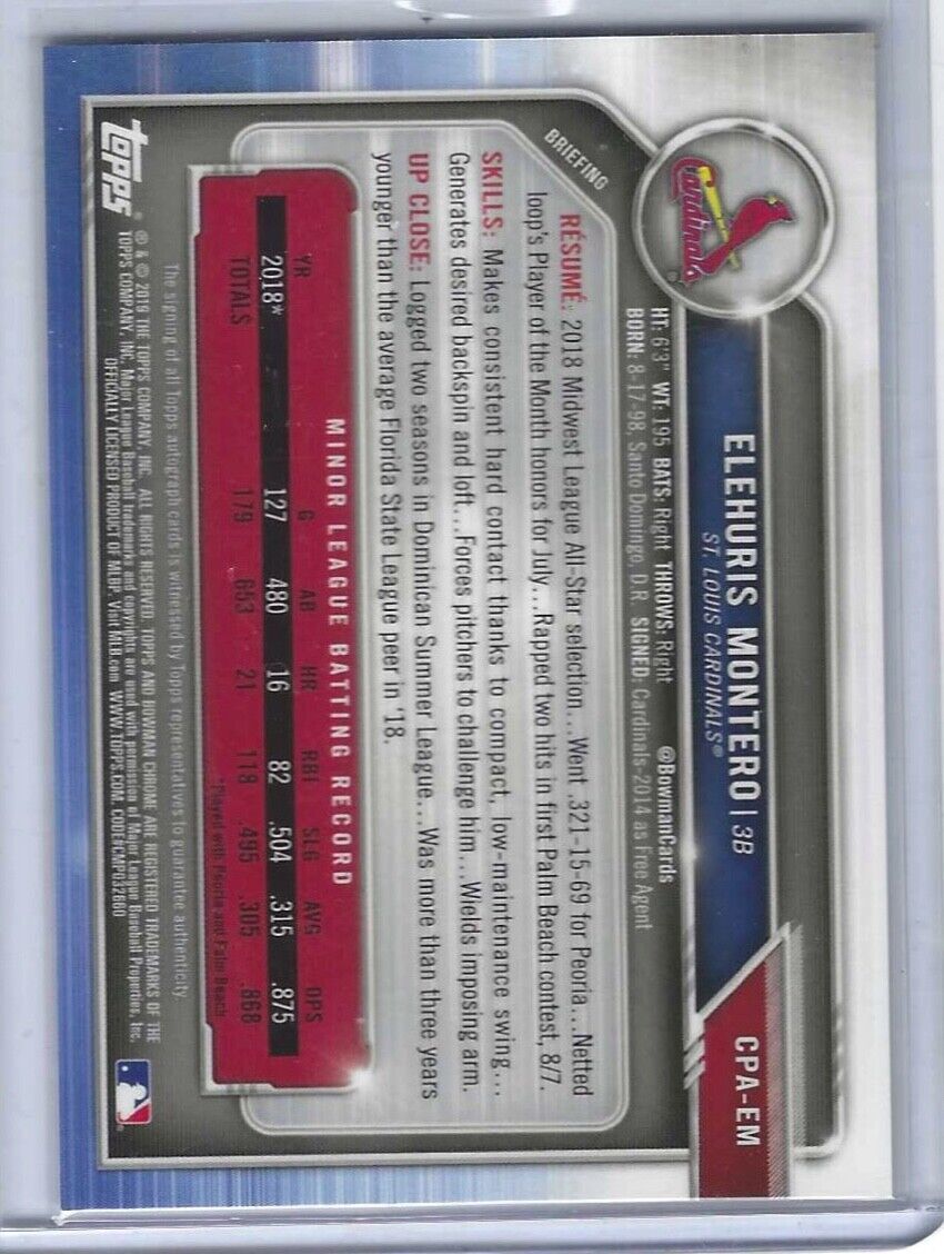 ELEHURIS MONTERO 2019 BOWMAN CHROME 1ST PROSPECT ON CARD AUTO #CPA-EM