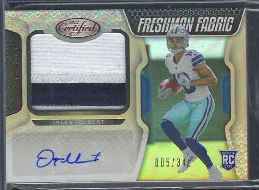 JALEN TOLBERT 2022 PANINI CERTIFIED BRONZE FRESHMAN FABRIC PATCH AUTO RC #D /349