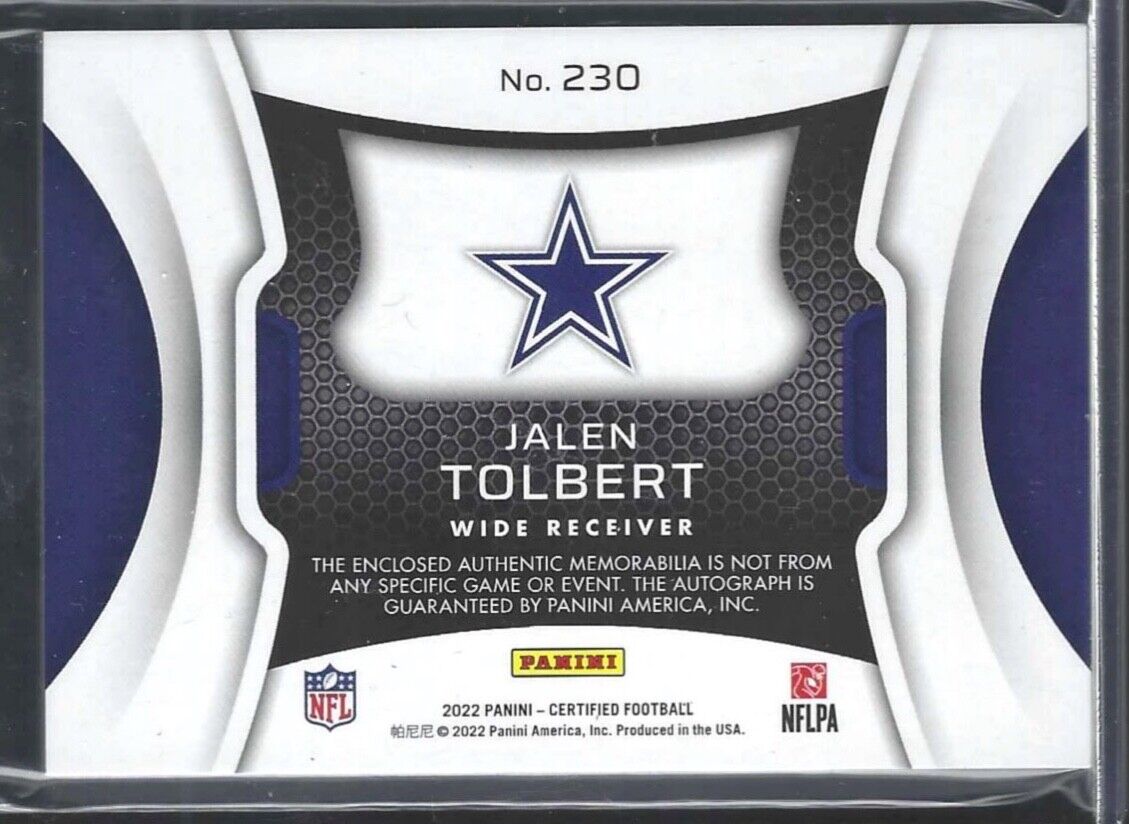 JALEN TOLBERT 2022 PANINI CERTIFIED BRONZE FRESHMAN FABRIC PATCH AUTO RC #D /349