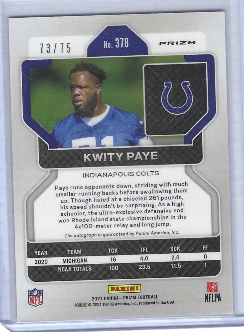 KWITY PAYE 2021 PANINI PRIZM GREEN SCOPE PRIZMS ROOKIE AUTO RC #D 73/75