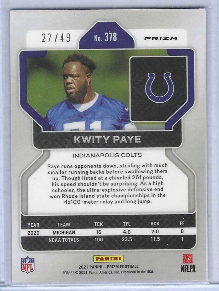 KWITY PAYE 2021 PANINI PRIZM PURPLE POWER PRIZMS ROOKIE RC #D 27/49
