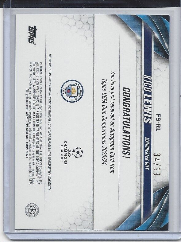 RICO LEWIS 2023-24 TOPPS CLUB COMPETITION ICY BLUE FOIL MANCHESTER CITY AUTO /99