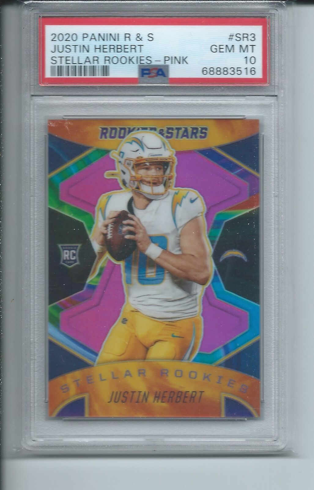 JUSTIN HERBERT 2020 ROOKIES & STARS STELLAR ROOKIES PINK PRIZM RC /50 PSA 10 GEM