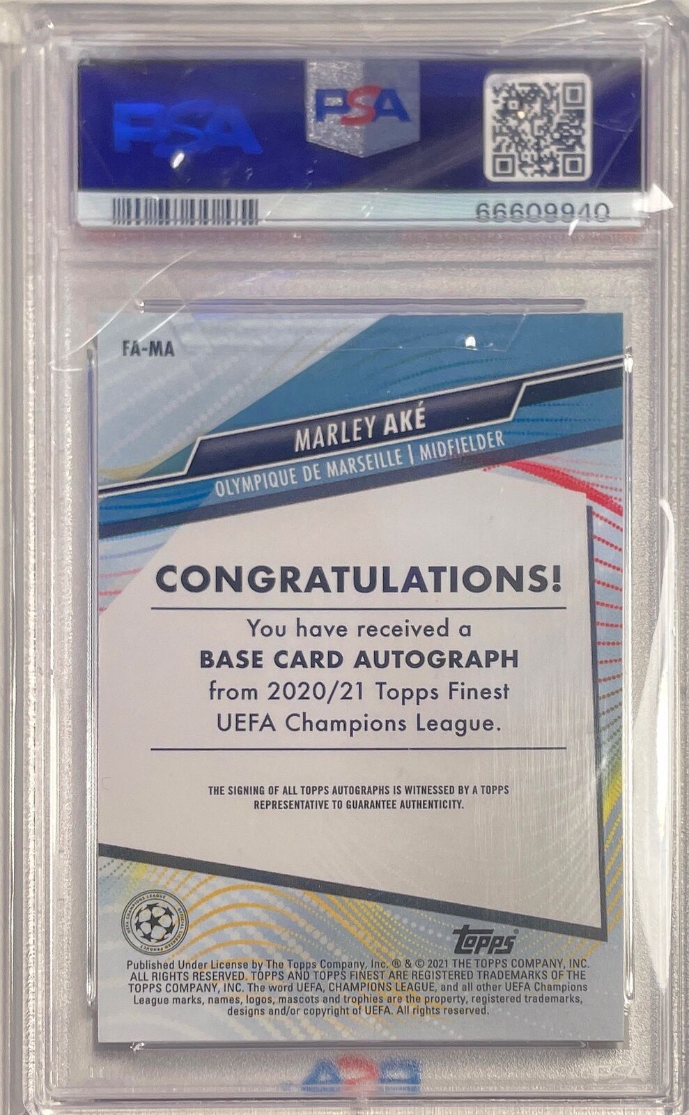 MARLEY AKE 2020-21 TOPPS FINEST UCL AUTO REFRACTOR RC PSA 10 GEM MINT POP 5