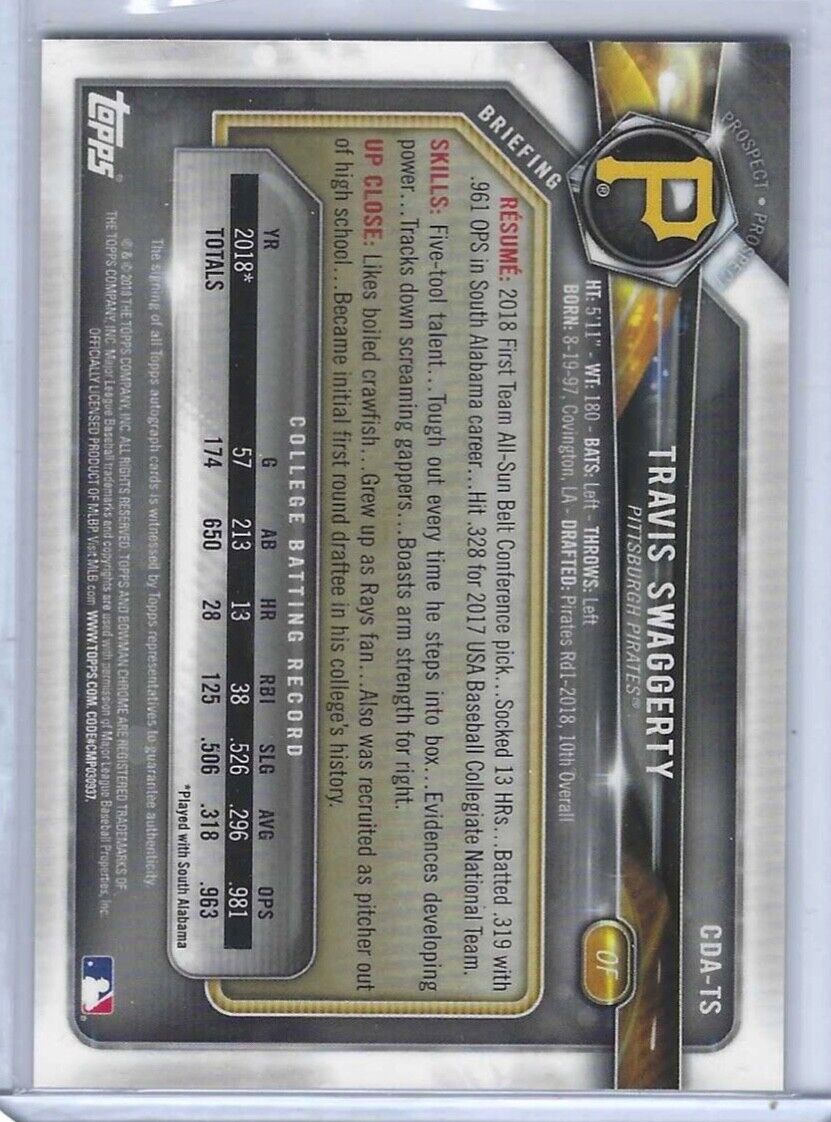 TRAVIS SWAGGERTY 2018 BOWMAN CHROME 1ST BOWMAN PROSPECT AUTO #CDA-TS