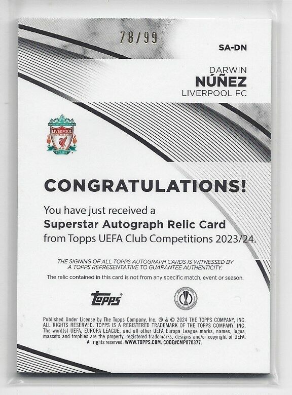 DARWIN NUNEZ 2023-24 TOPPS CLUB COMPETITIONS LIVERPOOL WORN PATCH AUTO #D 78/99